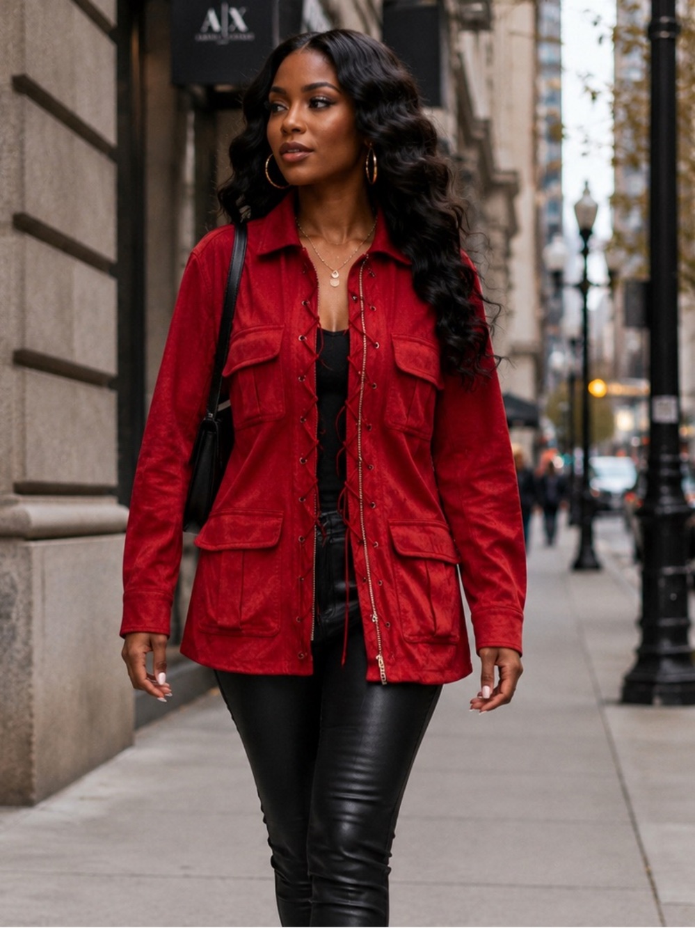 ❤️ Eva Mendes Red Faux Suede Lace-Up Utility Jacket – Size XL